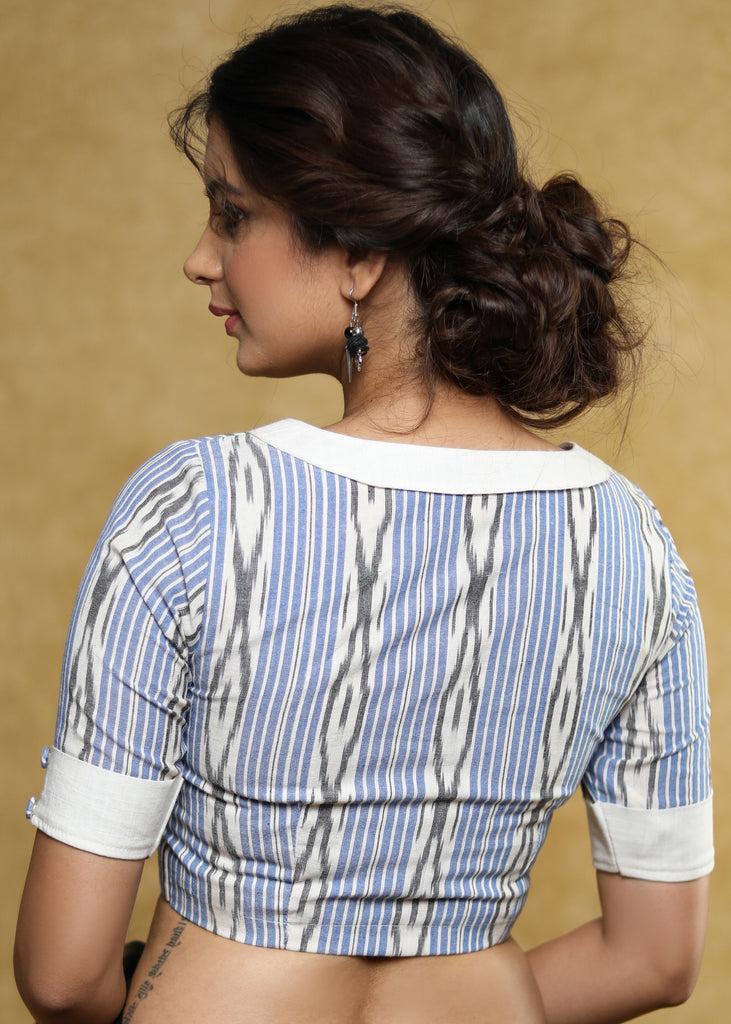 Beautiful blue and white combination ikat blouse with smart collar