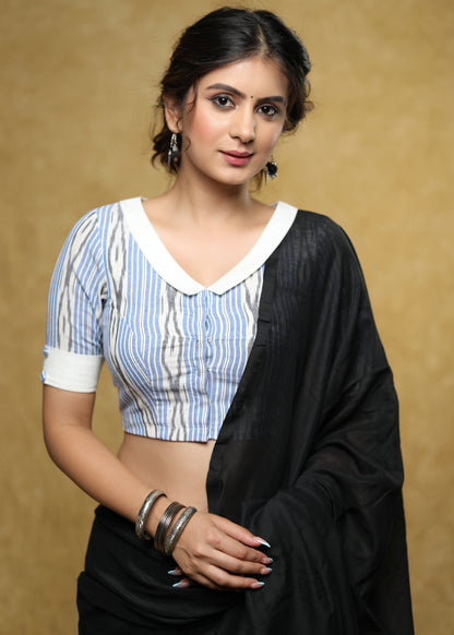 Beautiful blue and white combination ikat blouse with smart collar