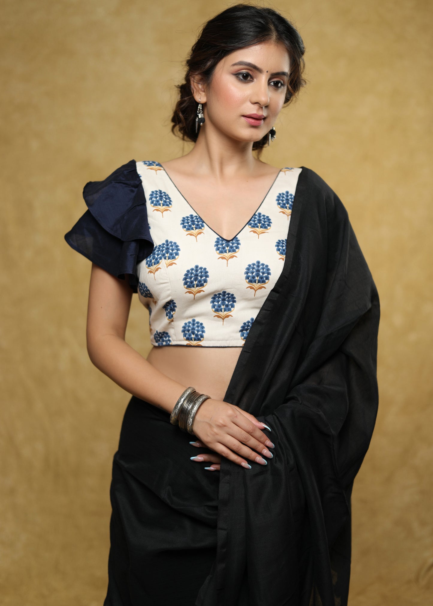 Smart cream & blue cotton blouse with ruffle sleeves