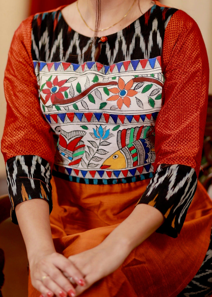 Straight Cut Cotton Silk Kurta with Exclusive Handpainted Madhubani work & Khun Sleeves