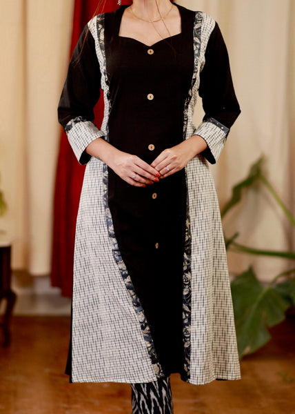 A-Line Cotton Handloom Kurta with Ikat and Ajrakh details