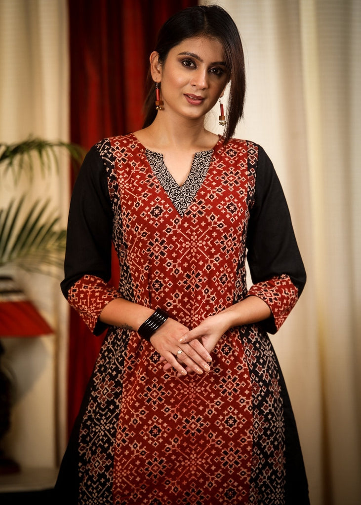 A - Line Cotton Ajrakh Combination Kurta