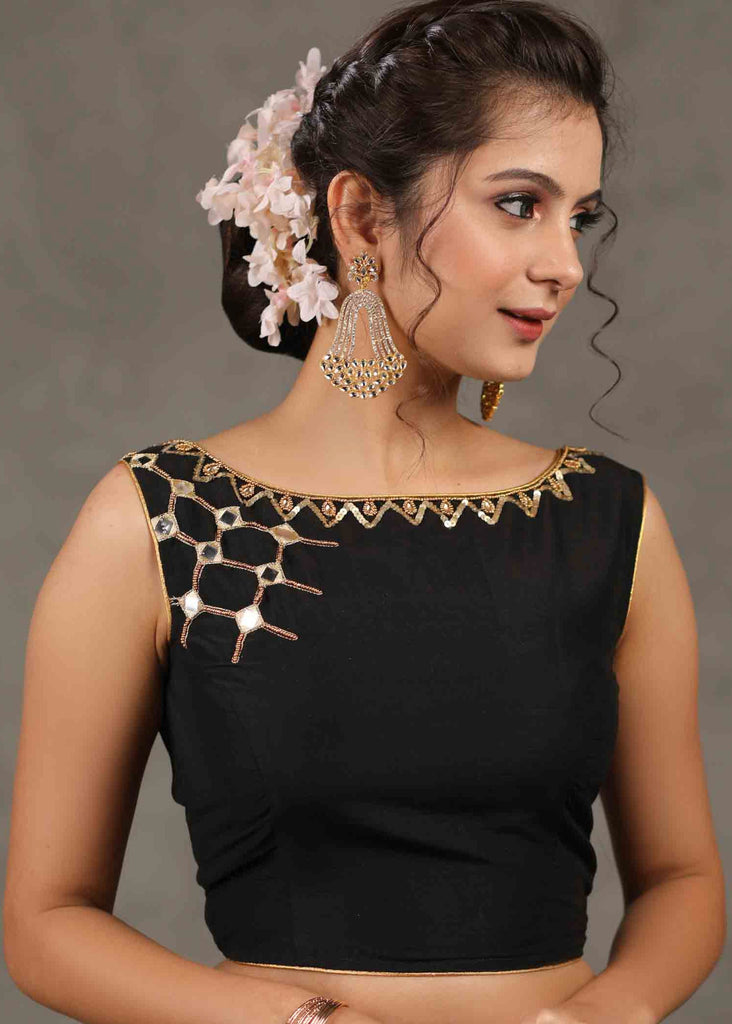 Exclusive Black Cotton Silk Sleeveless Blouse with Intricate Hand and Mirror Embroidery on Neck and Shoulder