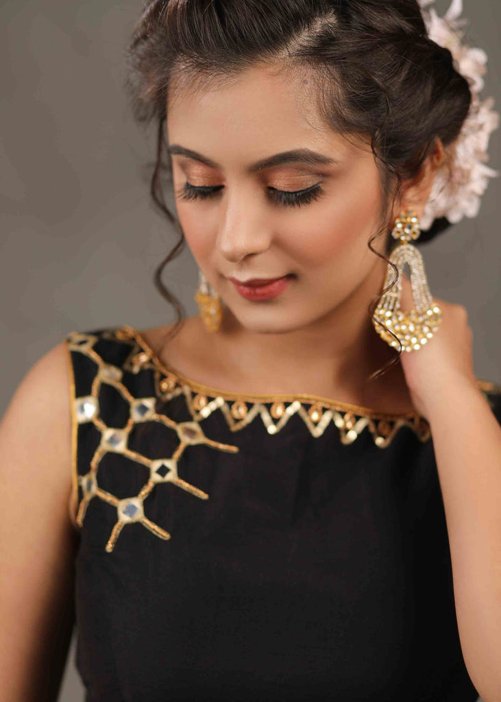 Exclusive Black Cotton Silk Sleeveless Blouse with Intricate Hand and Mirror Embroidery on Neck and Shoulder