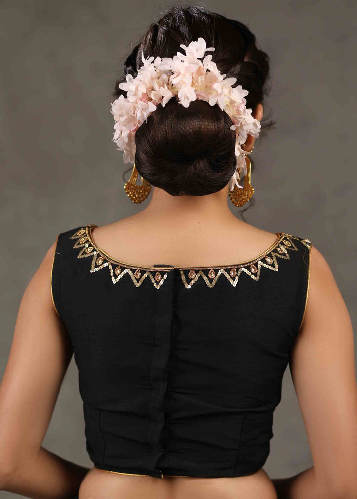 Exclusive Black Cotton Silk Sleeveless Blouse with Intricate Hand and Mirror Embroidery on Neck and Shoulder