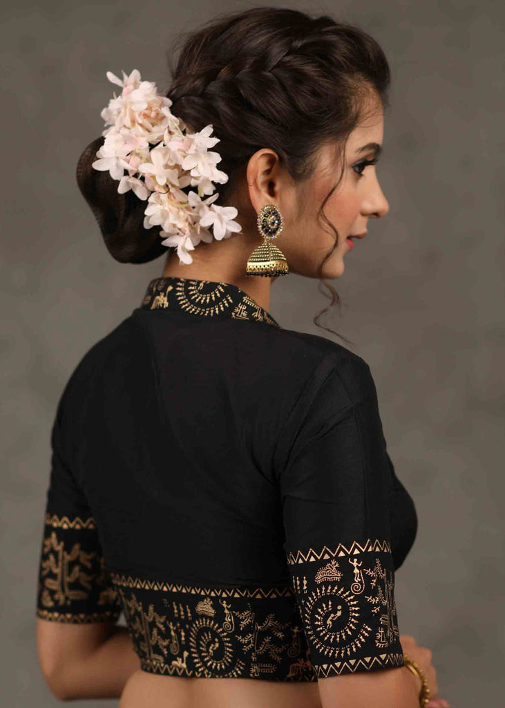 Elegant Black Cotton Silk Mandarin Collared Blouse with Foiled Warli Print on Sleeves and Back