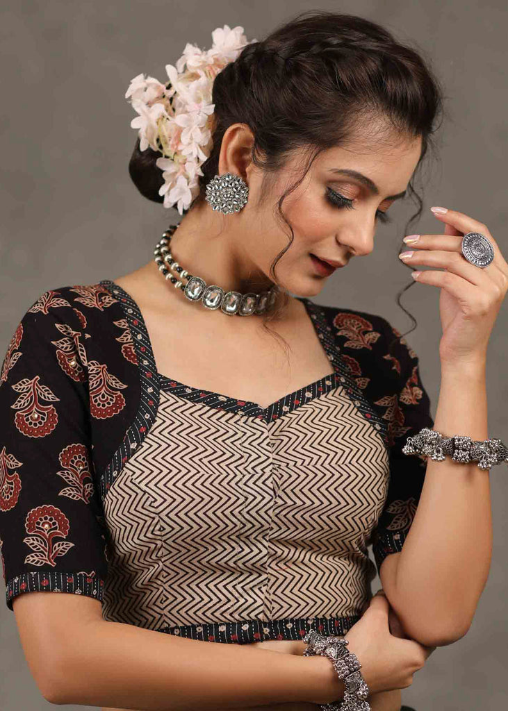 Trendy Stripes with Floral Ajrakh Combination Blouse with Teardrop String on Back