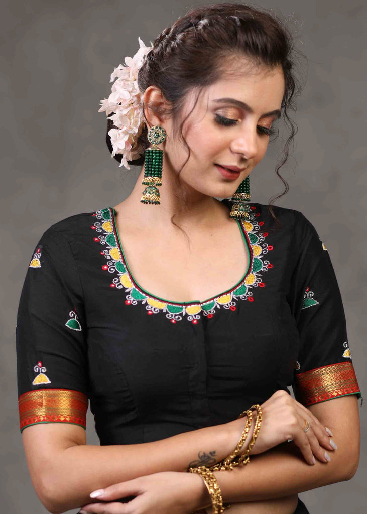 Elegant Black Cotton Silk Blouse with Beautiful Sparrow Embroidery on The Back