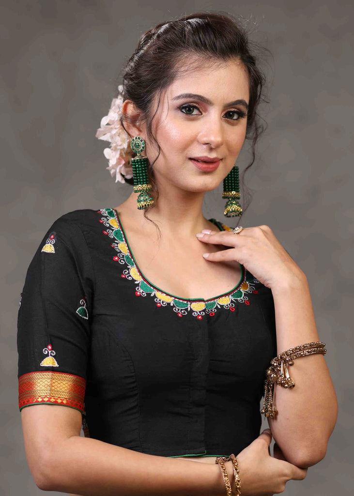 Elegant Black Cotton Silk Blouse with Beautiful Sparrow Embroidery on The Back
