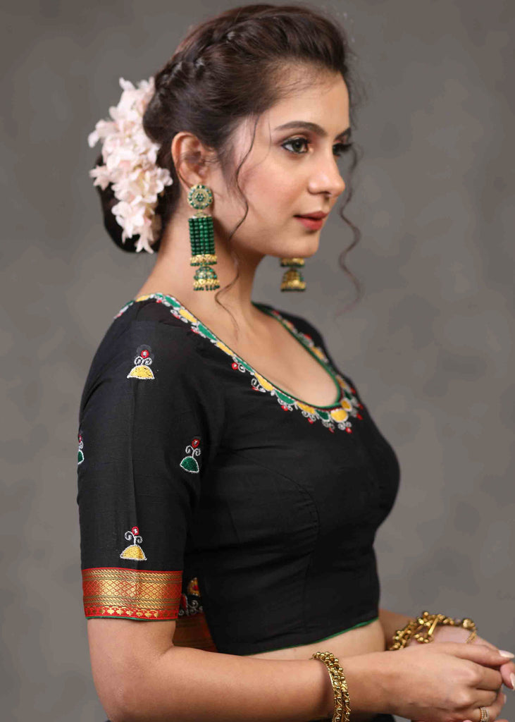 Elegant Black Cotton Silk Blouse with Beautiful Sparrow Embroidery on The Back