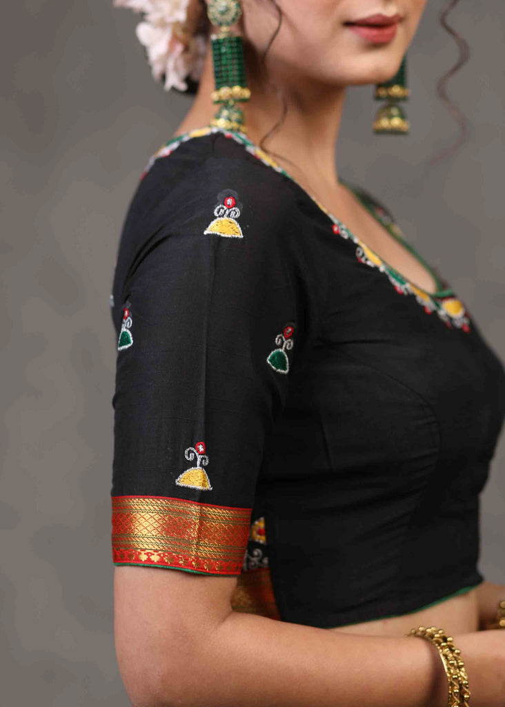 Elegant Black Cotton Silk Blouse with Beautiful Sparrow Embroidery on The Back