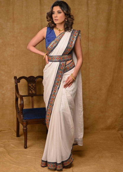 Beautiful White Chinnon Saree with Blue Delicate Border