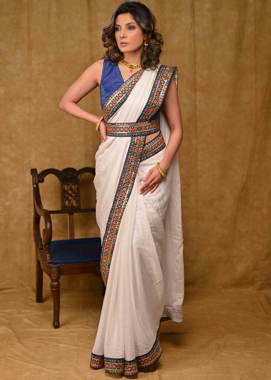 Beautiful White Chinnon Saree with Blue Delicate Border