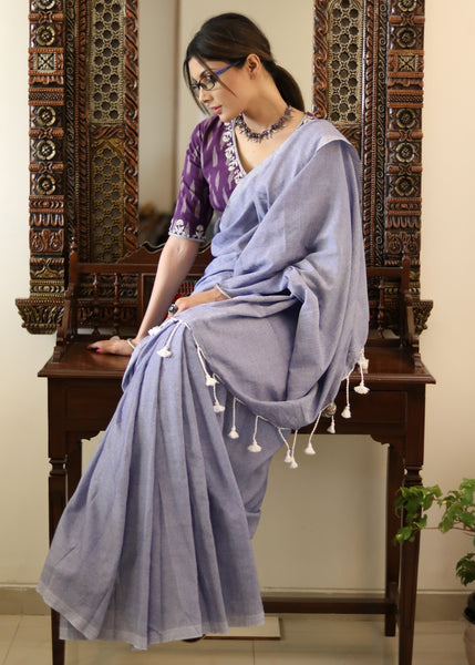 Exclusive lilac plain Cotton saree with Ikat blouse piece