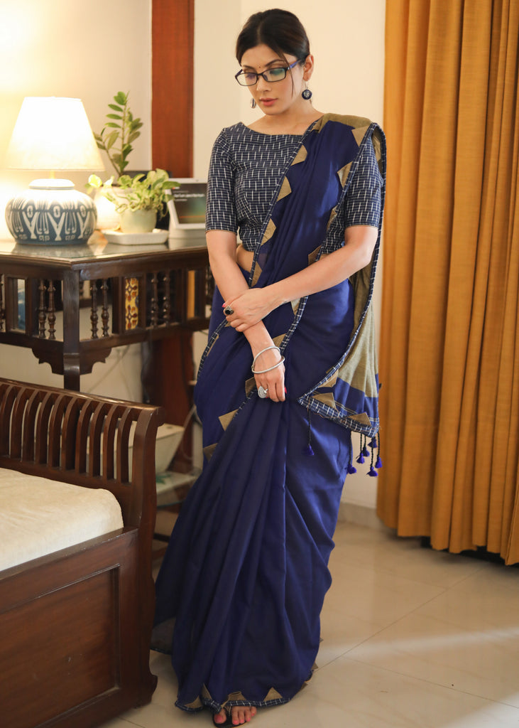 Exclusive royal blue & cream combination Cotton saree with Ikat border