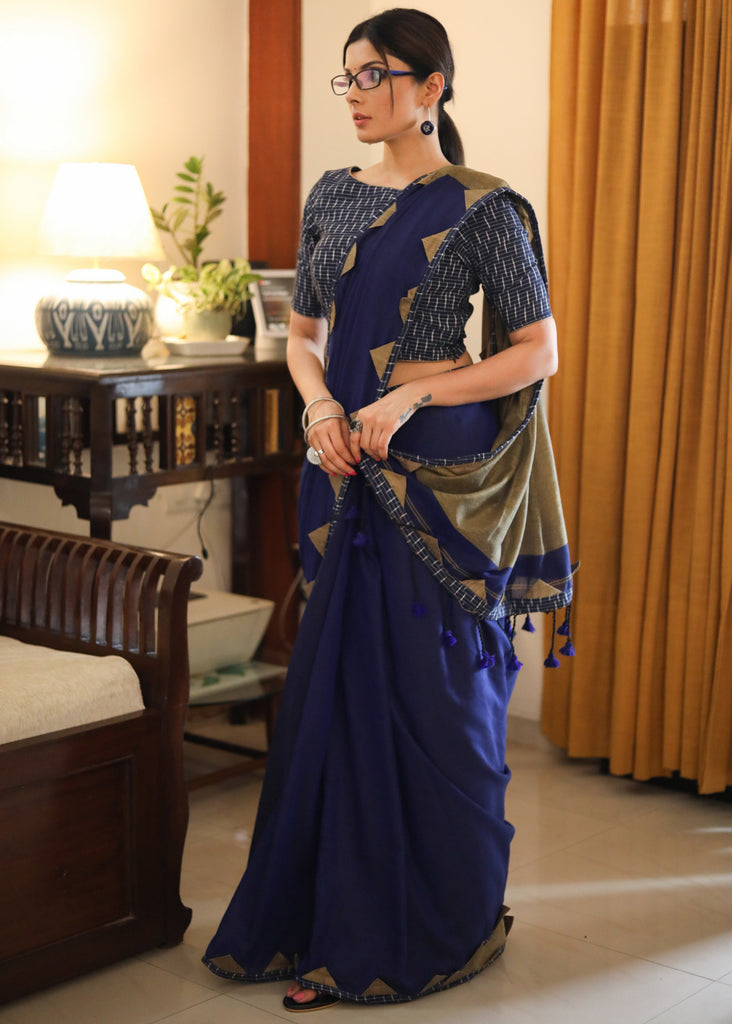 Exclusive royal blue & cream combination Cotton saree with Ikat border