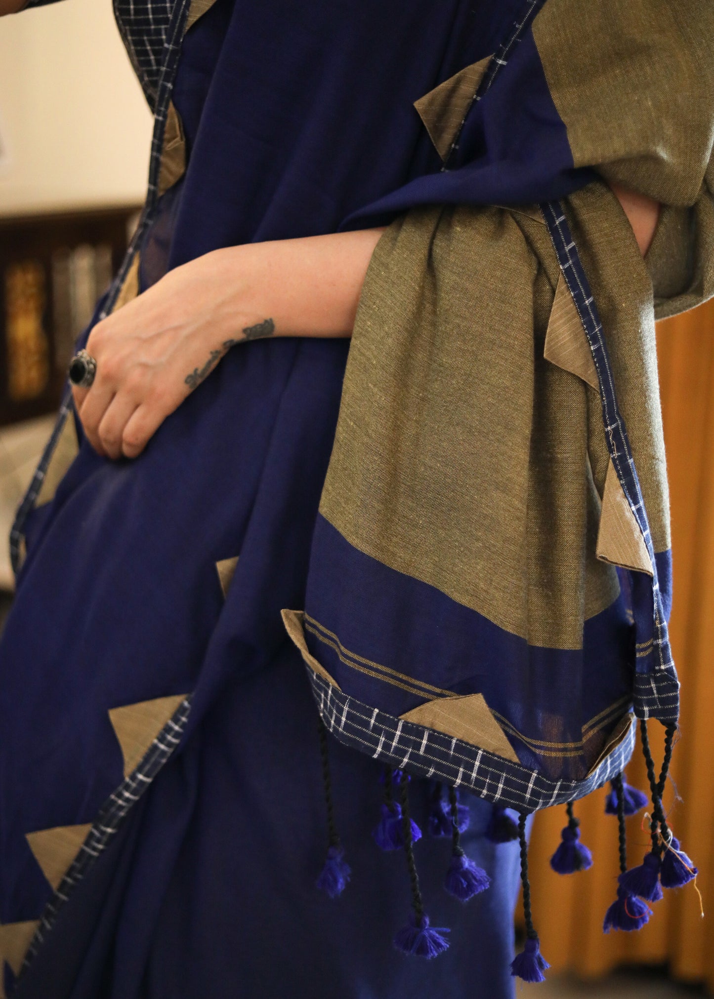 Exclusive royal blue & cream combination Cotton saree with Ikat border