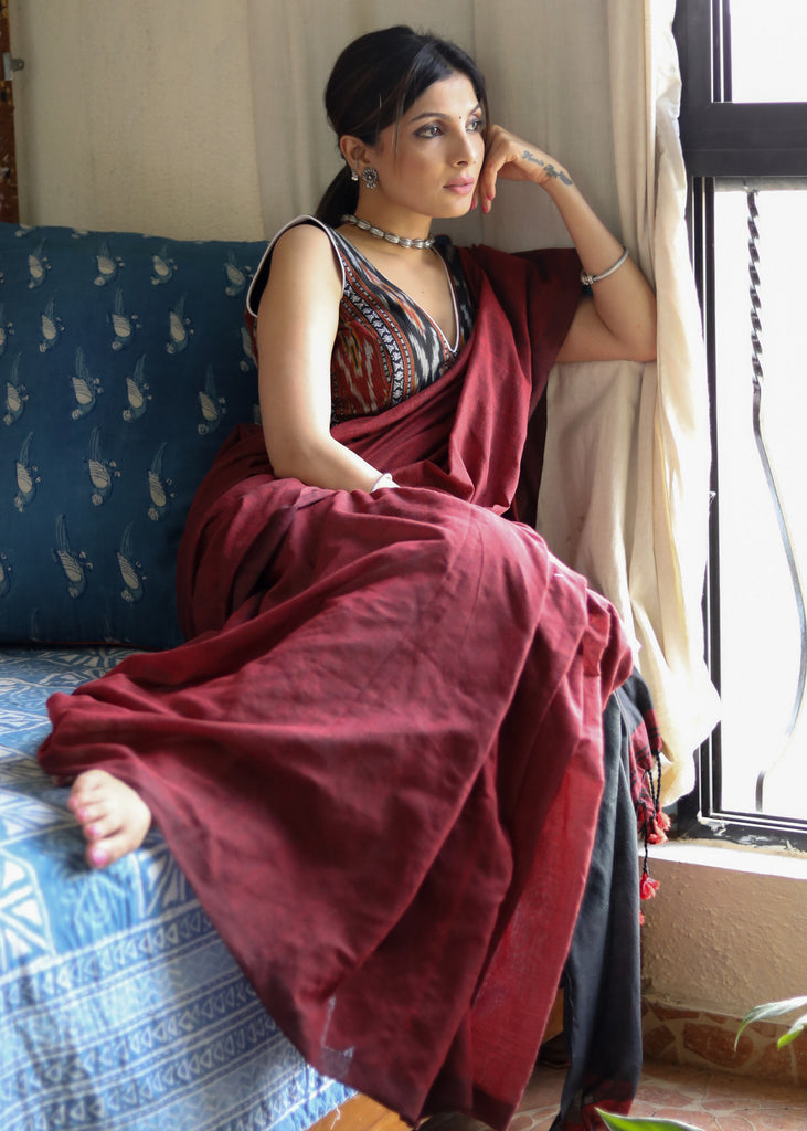 Lightweight maroon & black combination Cotton saree with Ikat blouse