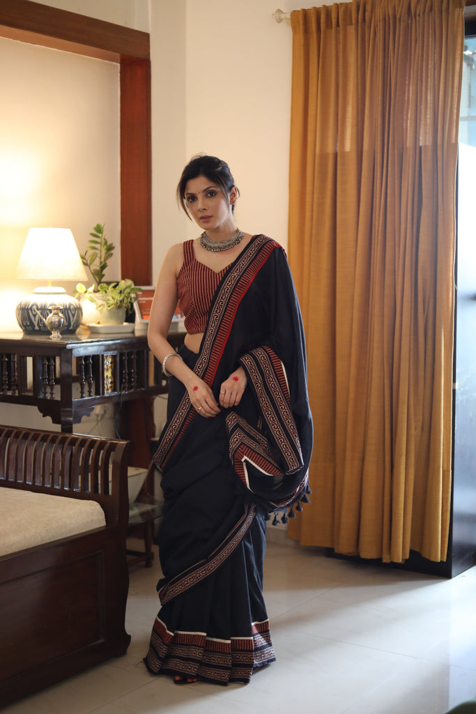 Beautiful black Cotton saree with exclusive Ajrakh border