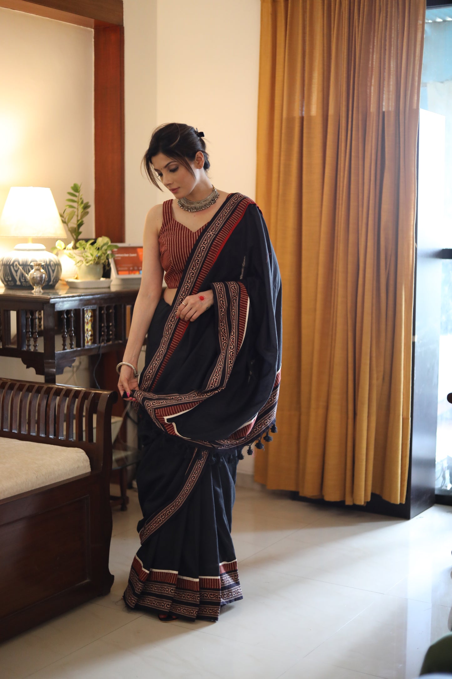 Beautiful black Cotton saree with exclusive Ajrakh border