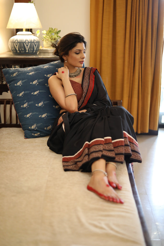 Beautiful black Cotton saree with exclusive Ajrakh border