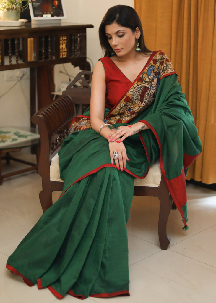 Comfortable Bottle green cotton saree with kalamkari and maroon cotton silk border