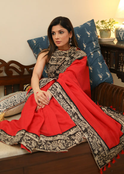 Beautiful red Cotton saree with black Kalamkari print border