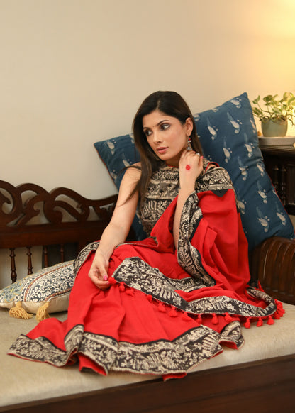 Beautiful red Cotton saree with black Kalamkari print border