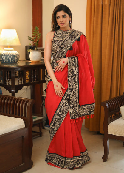 Beautiful red Cotton saree with black Kalamkari print border