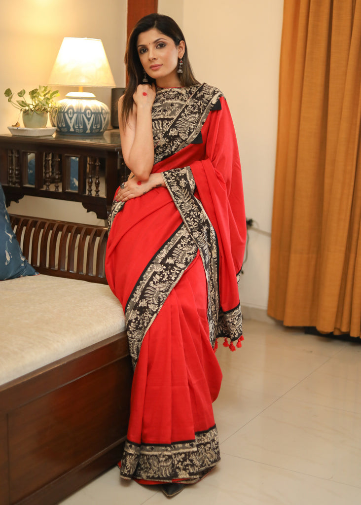 Beautiful red Cotton saree with black Kalamkari print border