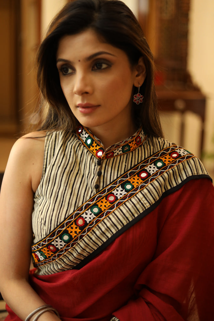 Exclusive maroon Cotton saree with line Ajrakh & mirror work border