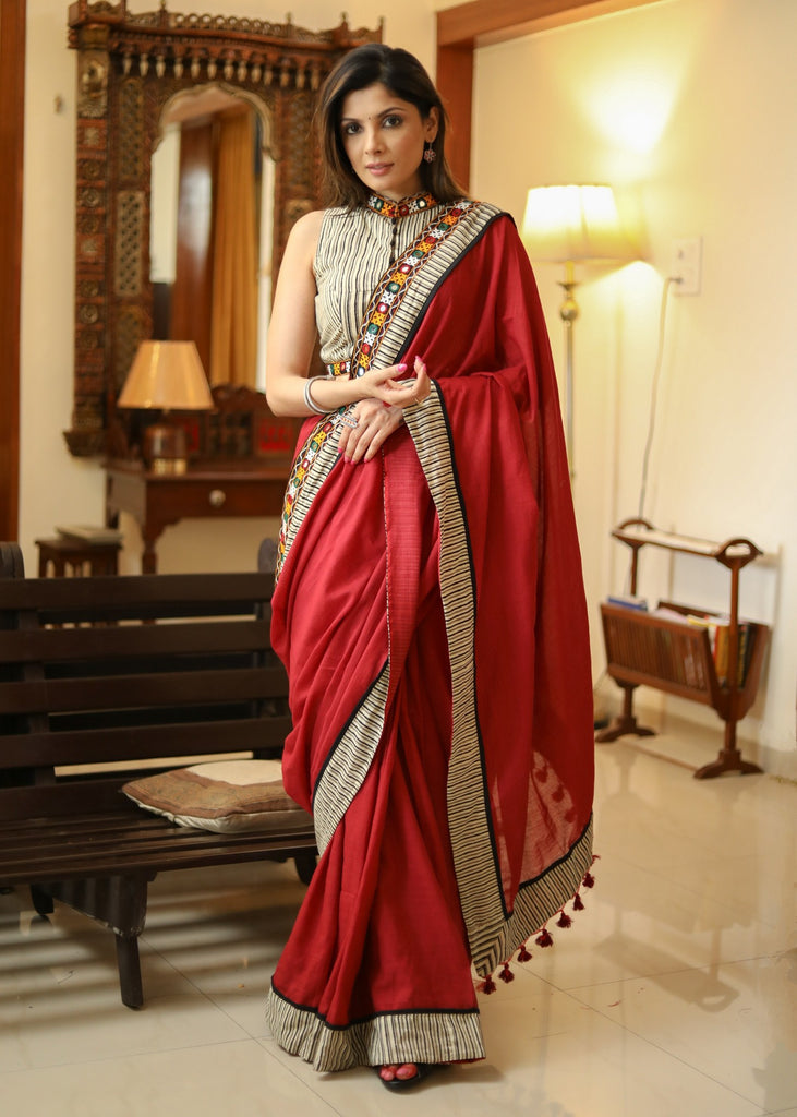 Exclusive maroon Cotton saree with line Ajrakh & mirror work border