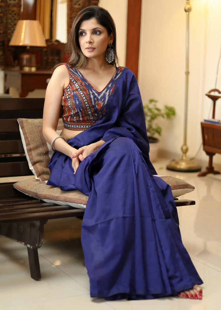 Artisanal plain navy blue Cotton saree with Ikat blouse piece