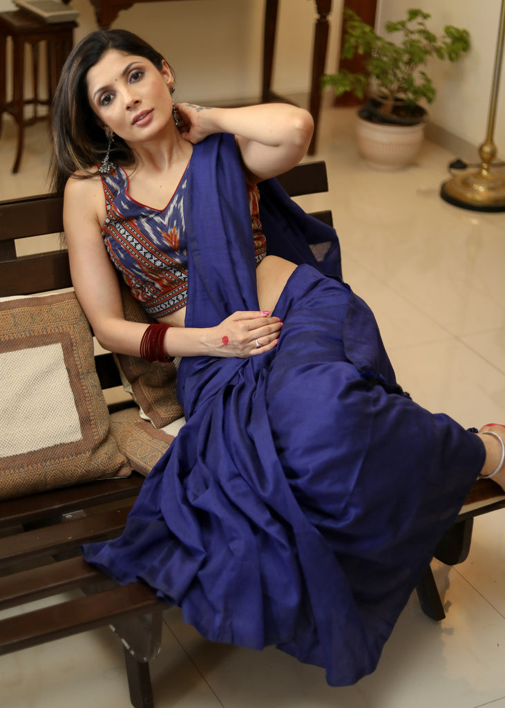 Artisanal plain navy blue Cotton saree with Ikat blouse piece