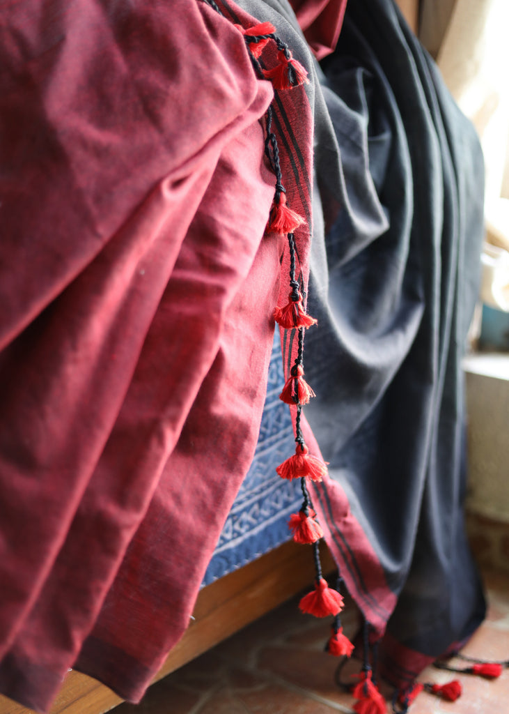 Lightweight maroon & black combination Cotton saree with Ikat blouse