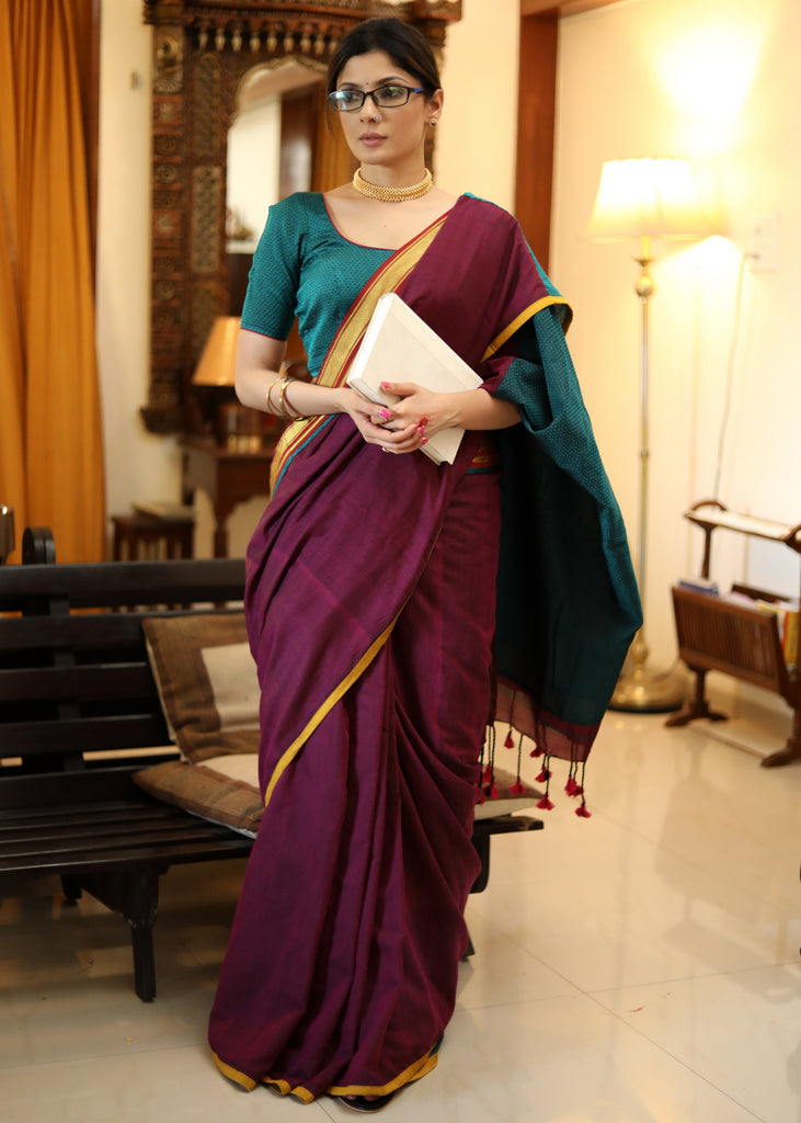 Lustrous imperial purple Cotton saree with green Khun pallu