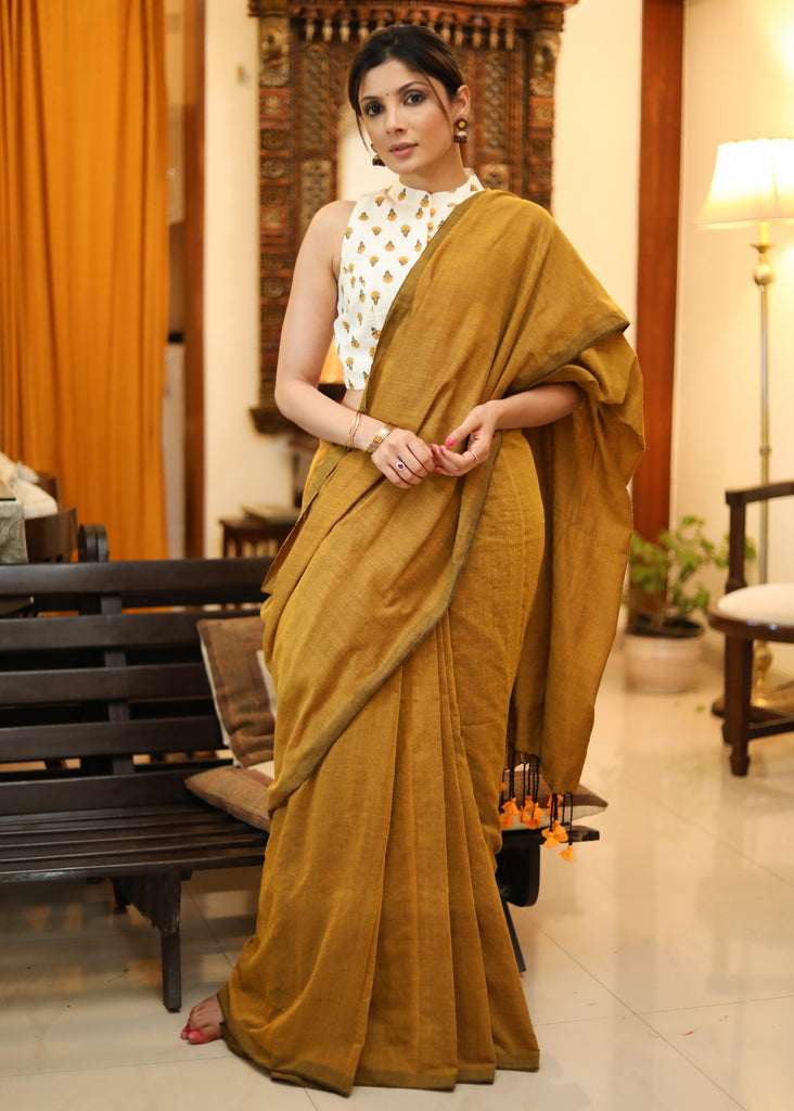 Breezy mustard plain Cotton saree with printed Cotton blouse