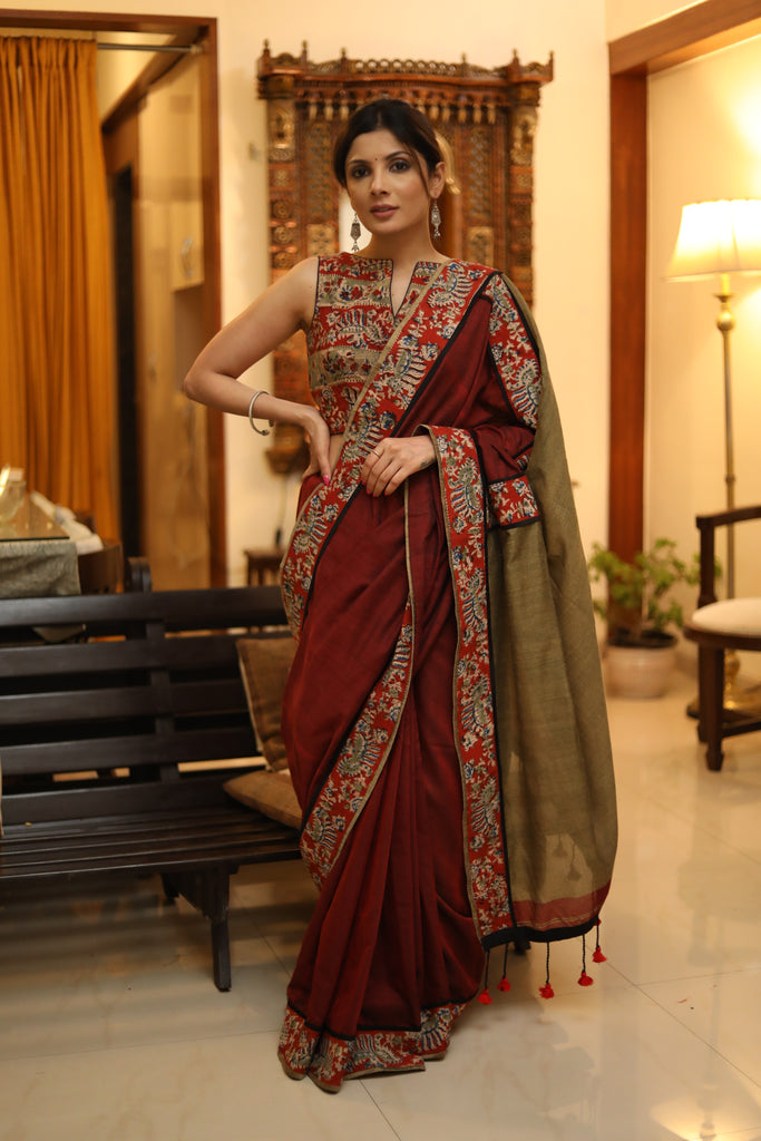 Elegant maroon & cream Cotton saree with Kalamkari border