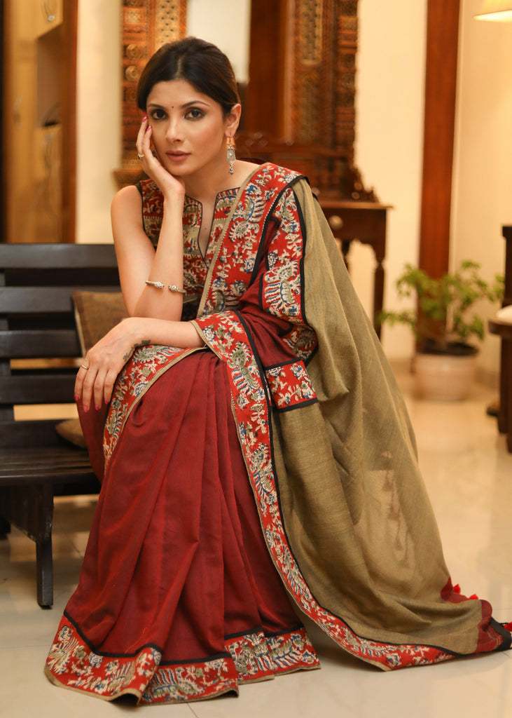 Elegant maroon & cream Cotton saree with Kalamkari border
