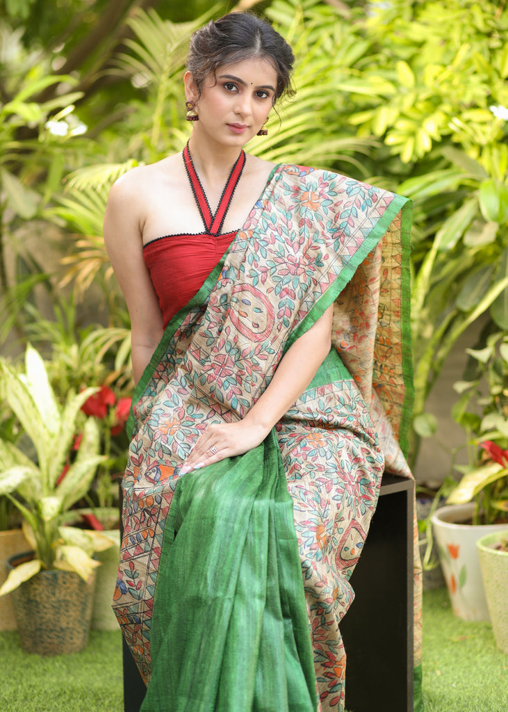 Artisanal Green Pure Ghicha Silk Handpainted Madhubani Saree