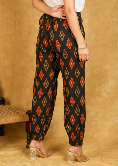 Trendy Cotton Black with Mustard Ikat Print Joggers