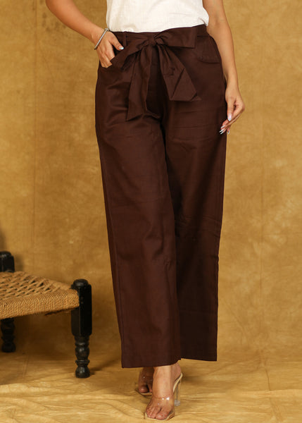 Trendy Cotton Brown Waist Tie Up Pants