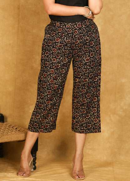 Classy Cotton Black Flower Print Ajrakh Crop Pant
