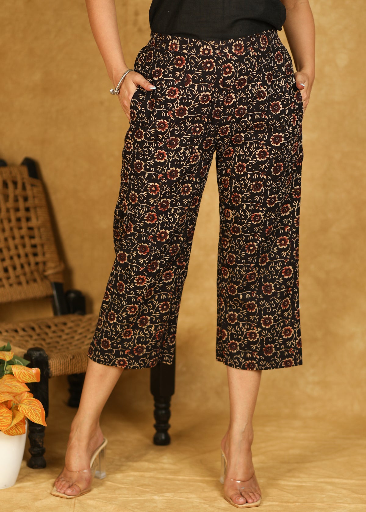 Classy Cotton Black Flower Print Ajrakh Crop Pant