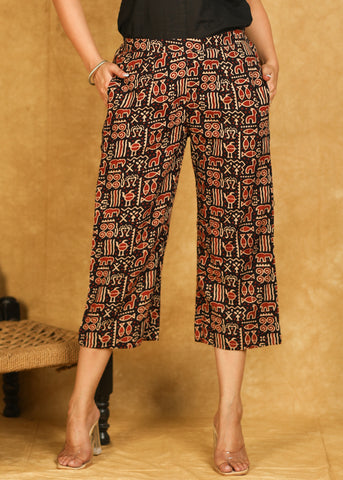 Trendy Cotton Black Animal Print Ajrakh Crop Pant