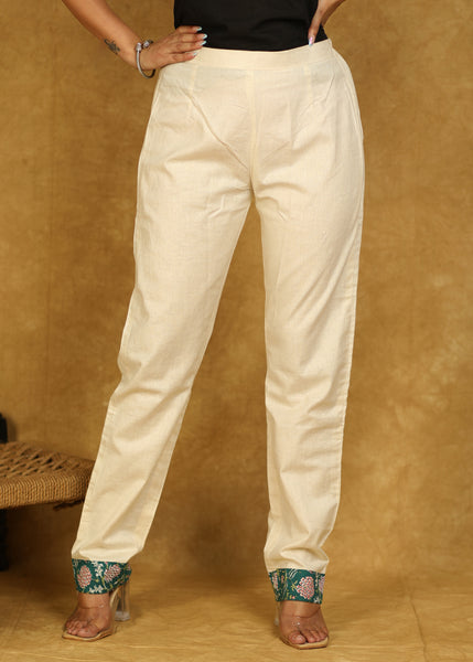 Smart Cotton Off-White Trouser with Lace Insert Detail