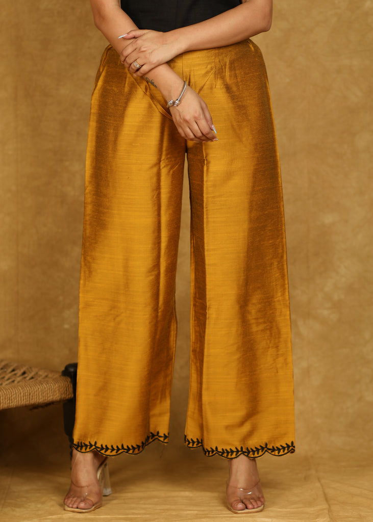 Elegant Mustard Cotton Silk Embroidered Scalloped Pant