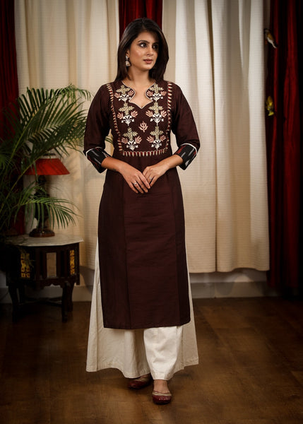Straight Cut Coffee Brown Cotton Silk Kurta with Elegant Embroidery work