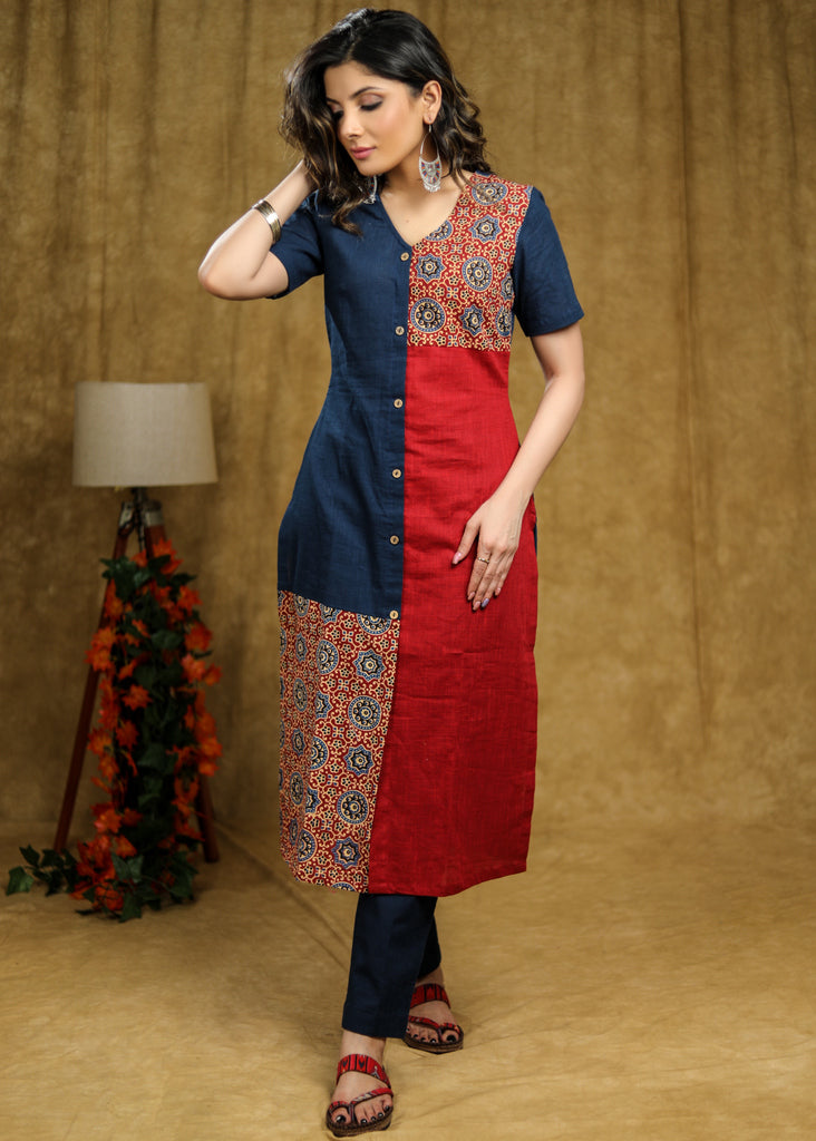 Simple and Elegant Cotton kurta with Ajrakh detailing