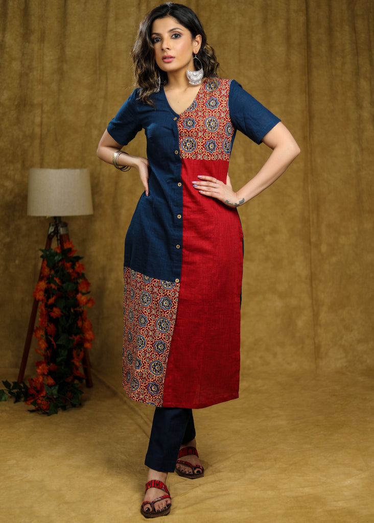 Simple and Elegant Cotton kurta with Ajrakh detailing
